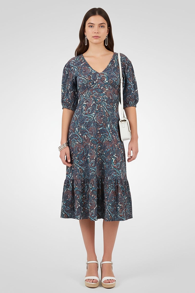 Michael Kors Women Short Sleeve Paisley Print Open Back Midi Dress, Multicolor - Image 1